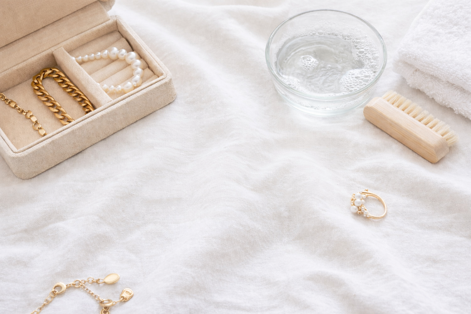 Gold-plated bracelets and pearl jewelry in a box, with a cleaning brush, bowl of water, and towel on a white fabric background.