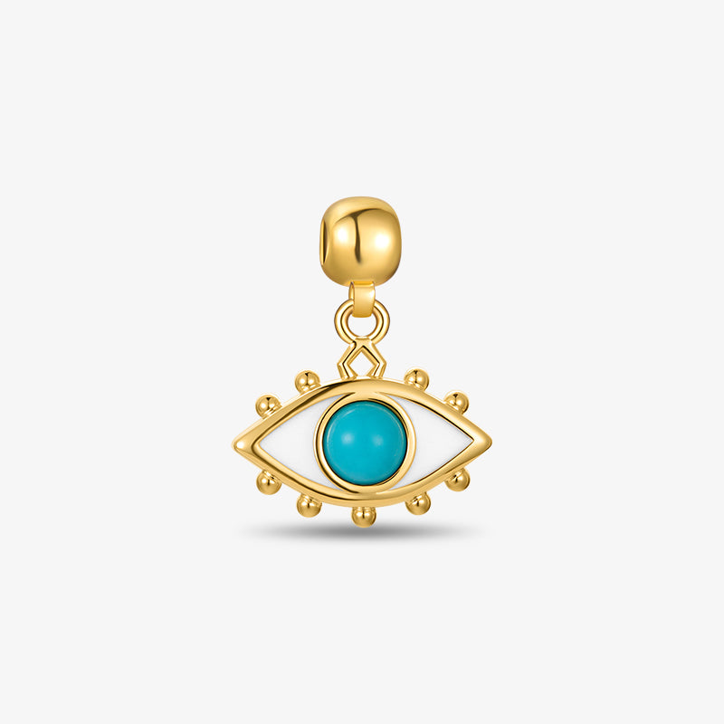 Gold-plated evil eye charm pendant with turquoise center and white enamel details
