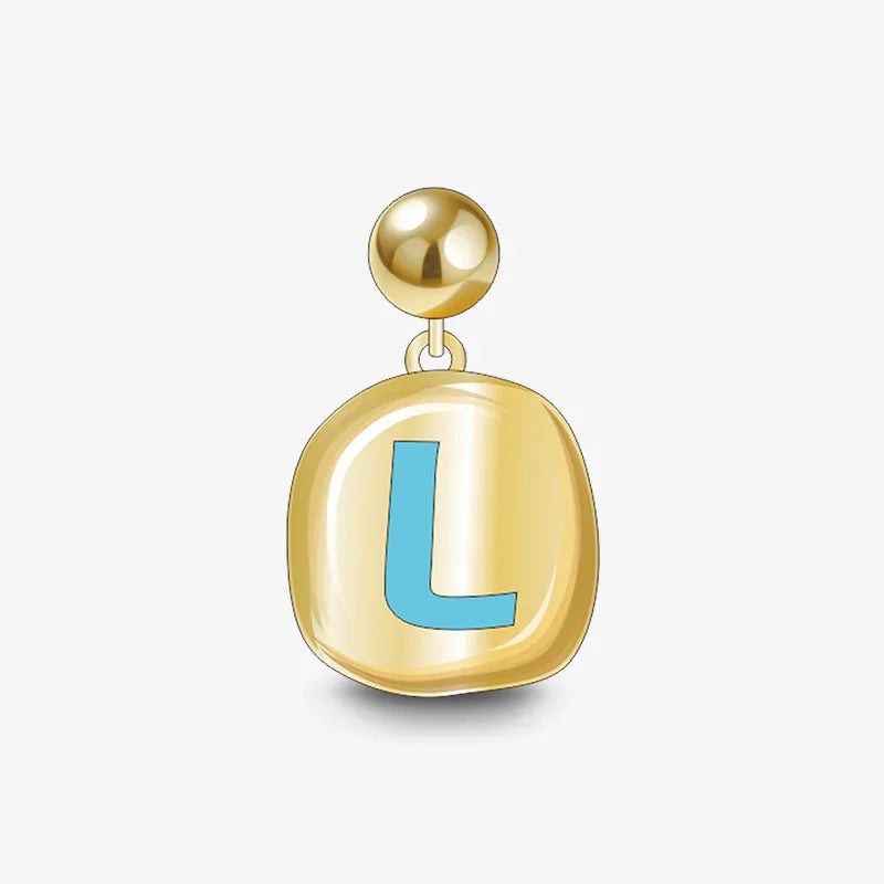 Gold-plated pendant earring with blue letter L on white background