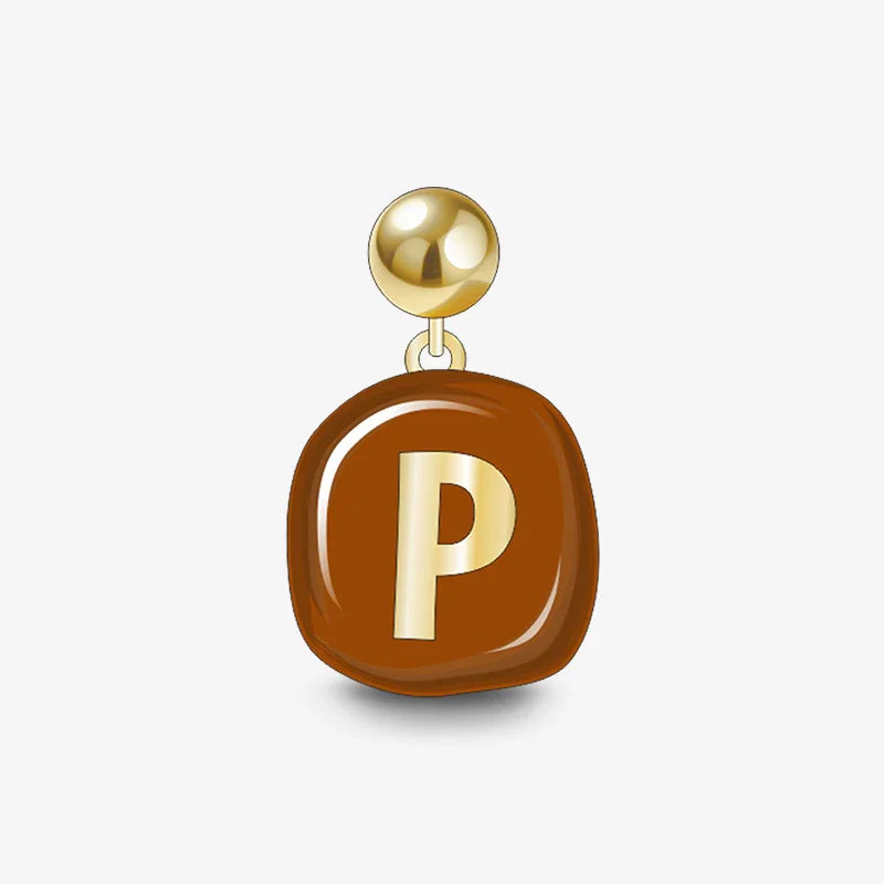 Gold-plated stud earring with brown pendant and letter P on white background