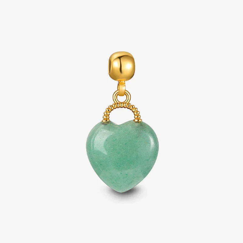 Gold-plated heart-shaped green stone pendant for necklaces on white background