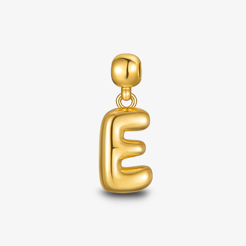Gold-plated letter E pendant charm on white background, elegant jewelry accessory