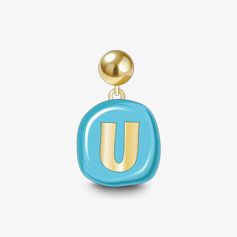 Gold-plated letter U earring with blue enamel charm, minimalist jewelry design