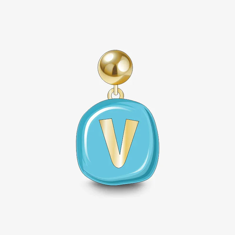 Gold-plated stud earring with blue enamel V initial charm, minimalist jewelry