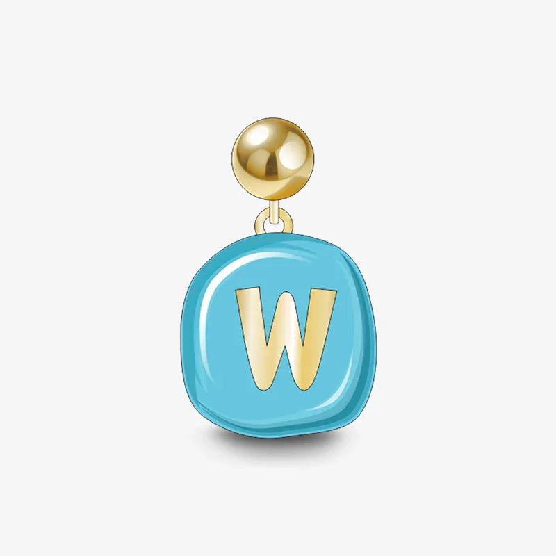 Gold-plated earring with blue pendant and gold letter W, statement jewelry accessory