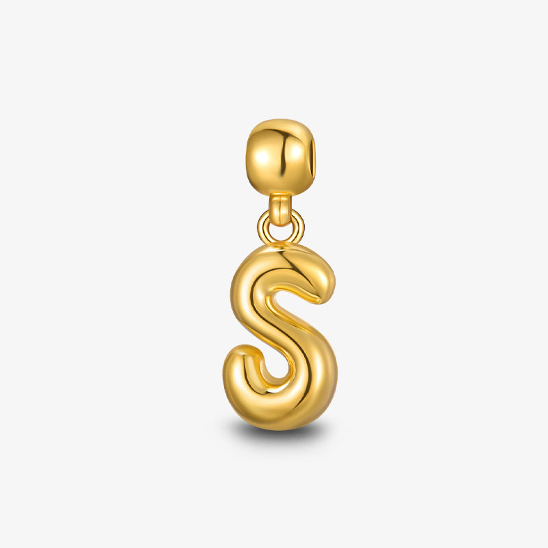 Gold-plated initial S pendant charm for necklaces or bracelets on white background