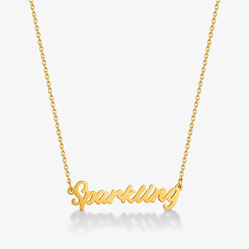 Gold-plated necklace with 'Sparkling' script pendant on a plain white background
