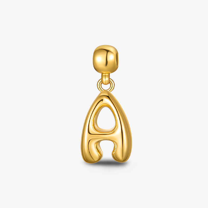 Gold-plated letter A charm pendant with modern, minimalist design on white background