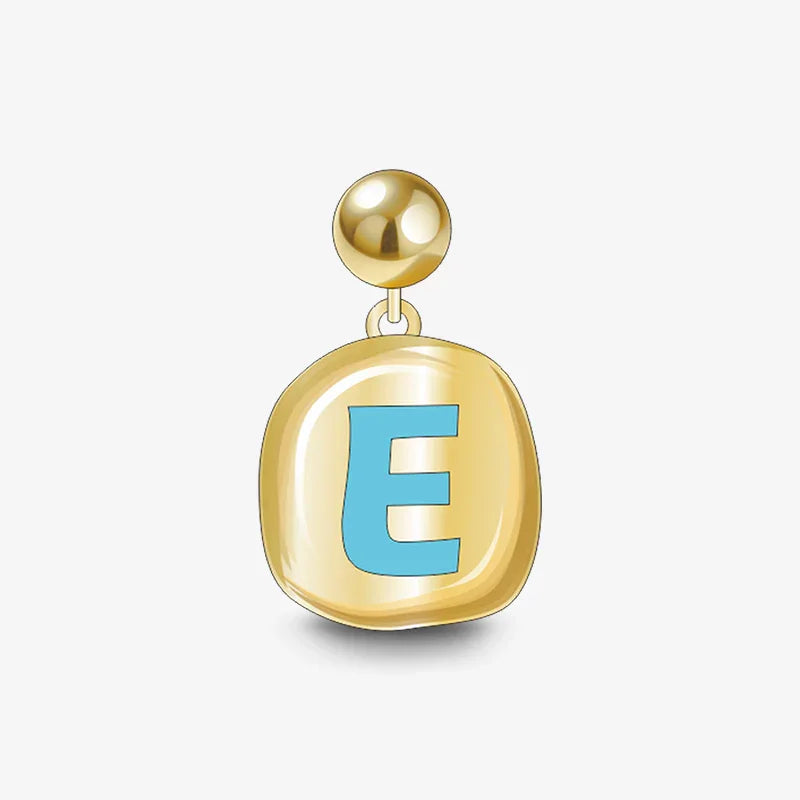 Gold-plated earring with blue letter E charm, elegant jewelry on white background