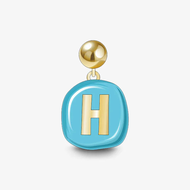 Gold-plated stud earring with blue enamel charm featuring letter H
