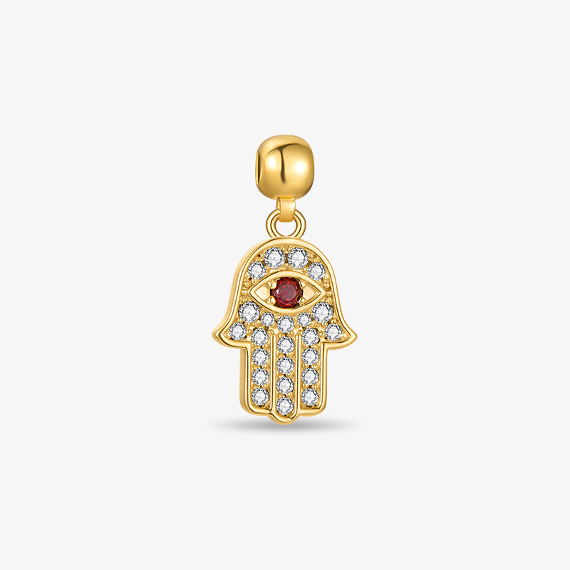 Gold-plated Hamsa hand charm with red and clear cubic zirconia, luxury jewelry pendant