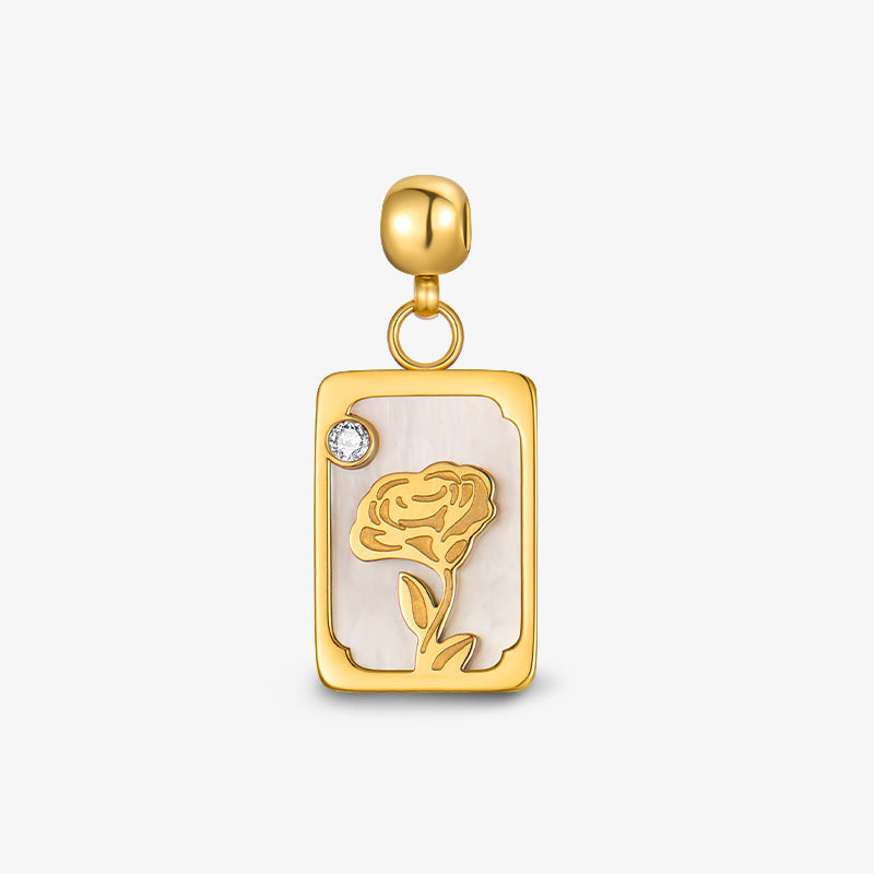 Gold-plated rectangular pendant with rose flower engraving, crystal accent, and mother of pearl inlay