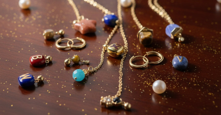 Gold-plated necklaces, rings, and gemstone charms on a wooden surface with glitter accents