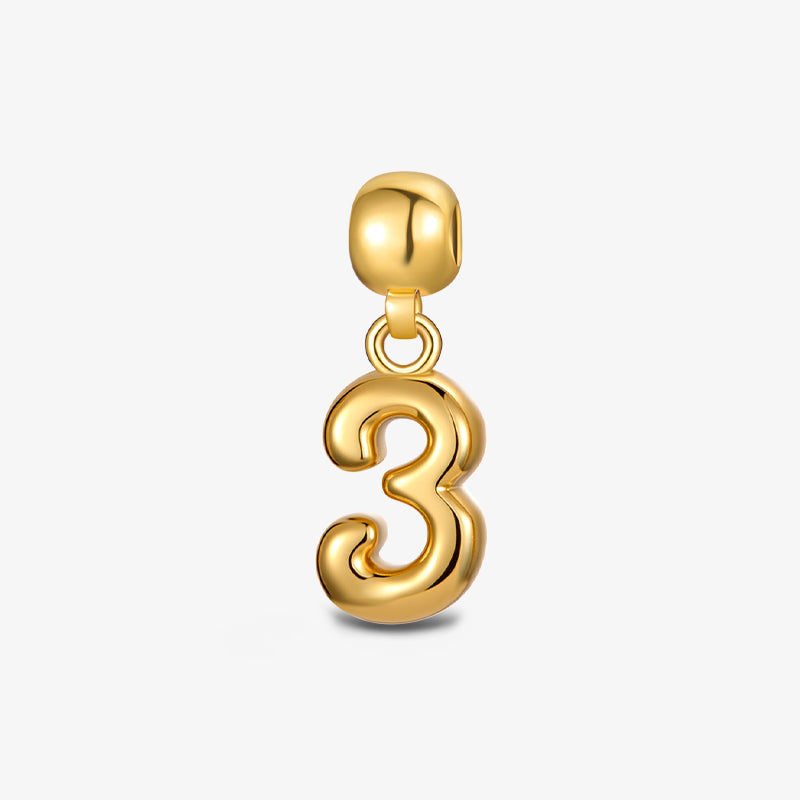 Gold-plated number 3 pendant charm, modern design on white background
