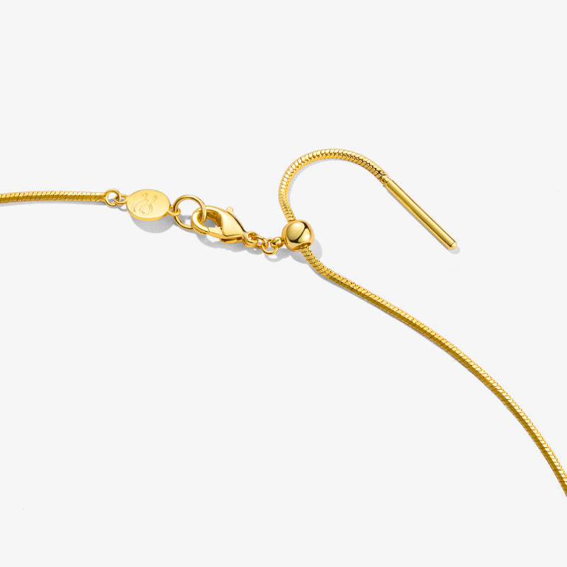 Close-up of gold-plated necklace clasp and elegant chain on white background
