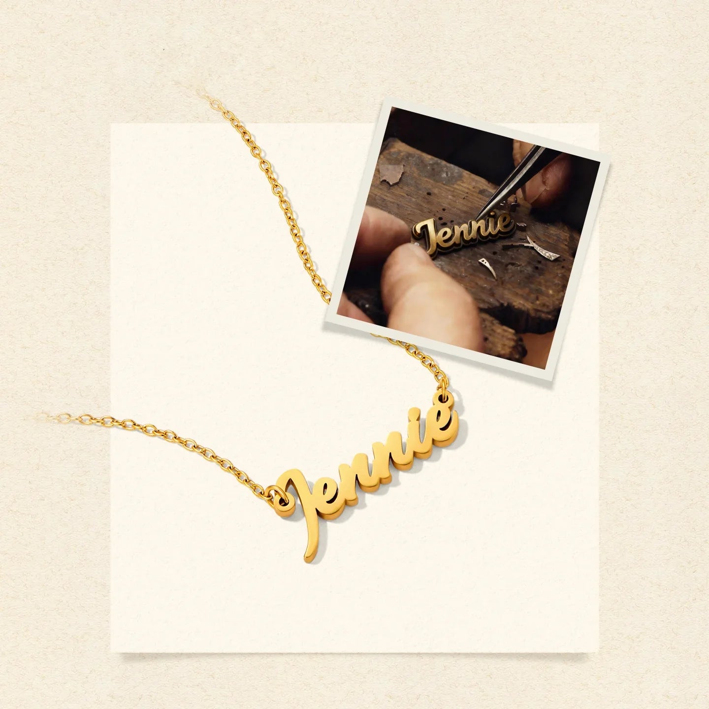 Gold-plated name necklace with 'Jennie' pendant, handcrafted on a neutral background.