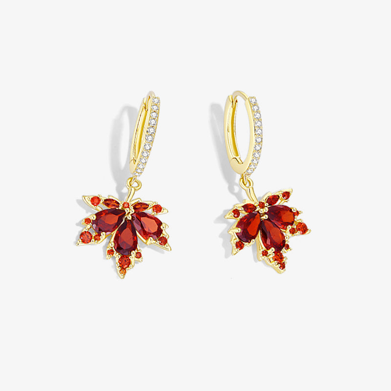 Gold-plated earrings with red gemstone leaf-shaped dangles and pavé hoop accents