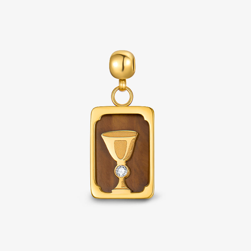 Gold-plated rectangular pendant with goblet design and gemstone accent on brown background
