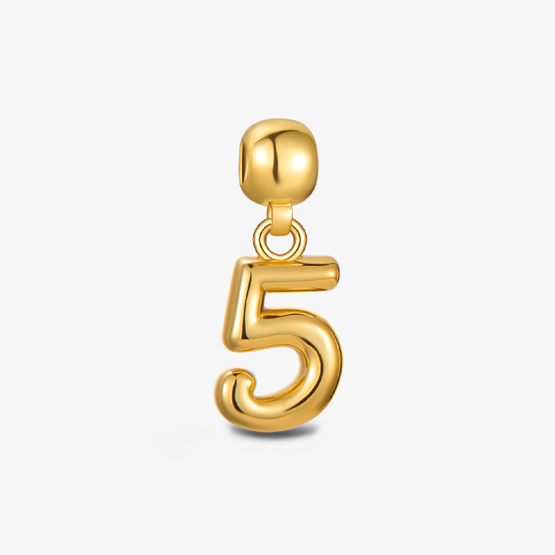 gold-plated number 5 pendant charm on white background, jewelry accessory