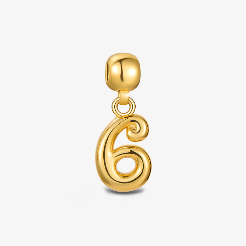 Gold-plated number 6 pendant charm with polished finish on white background