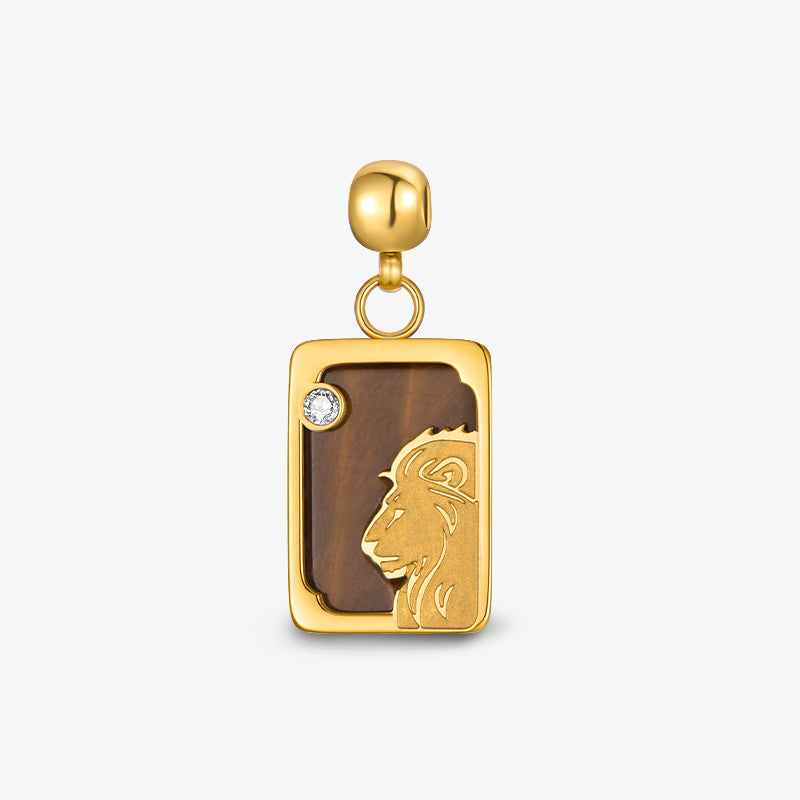 Gold-plated lion pendant with brown stone inlay and small crystal accent, elegant jewelry charm