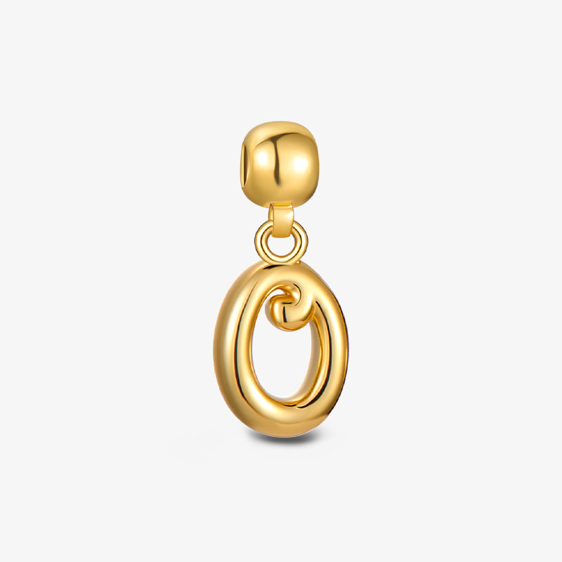 Gold-plated oval drop earring with modern, twisted design on white background
